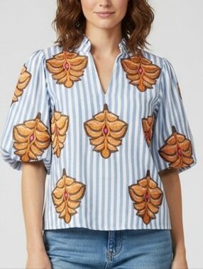THML Cassie Leaf Embroidered Puff Sleeve Blouse Top Medium